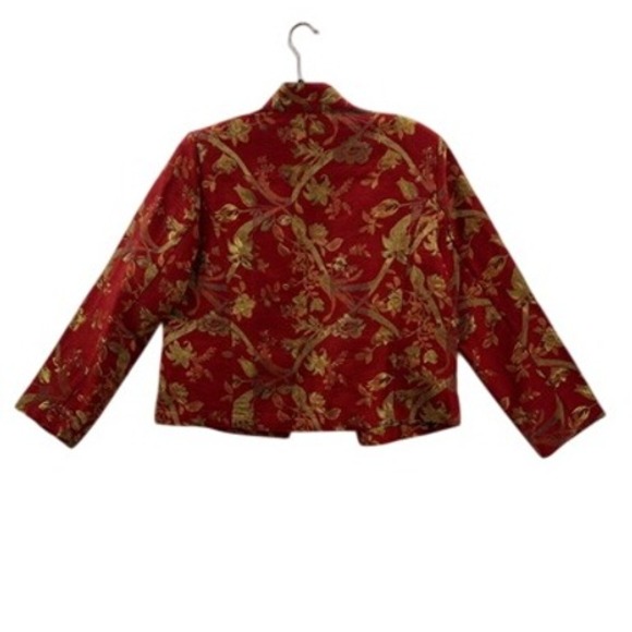 Chicos Red Gold Floral Brocade Mandarin Collar Jacket Blazer Women Size 1 - Picture 2 of 8